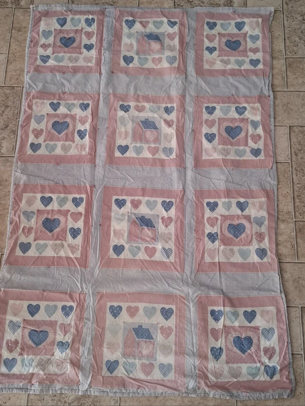 Vintage Quillow Handmade Pillow Lap Quilt 90s Cottagecore Hearts Houses Grandma